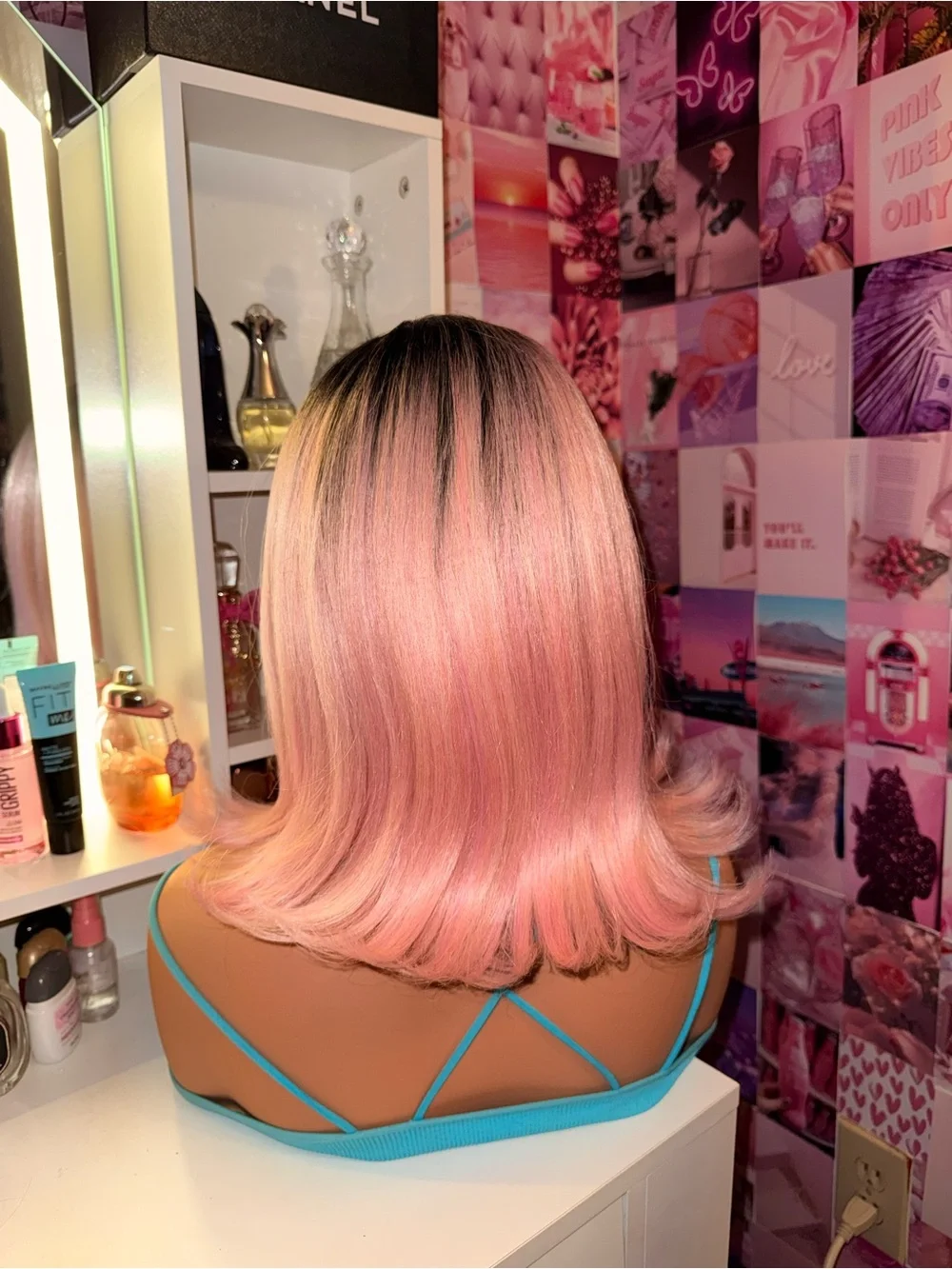 Pink Ombre Lace Front Wig Black Roots Blush Pink Bob Flipped Ends